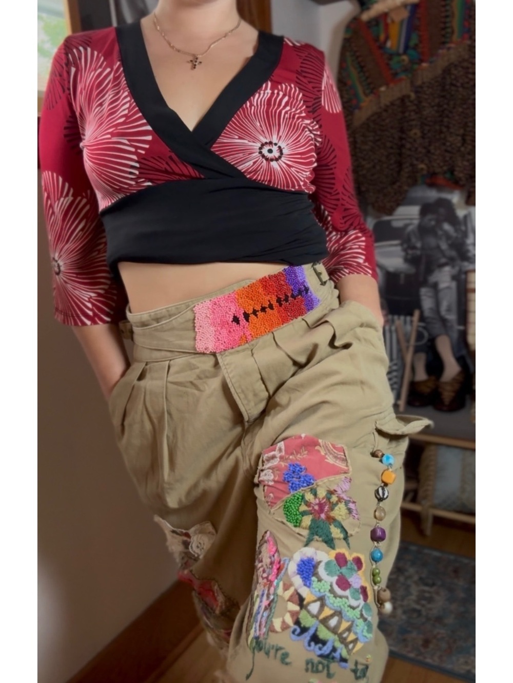 Khaki Embroidered Cargo Pants  Beaded & built in belt patchwork boho size M-L